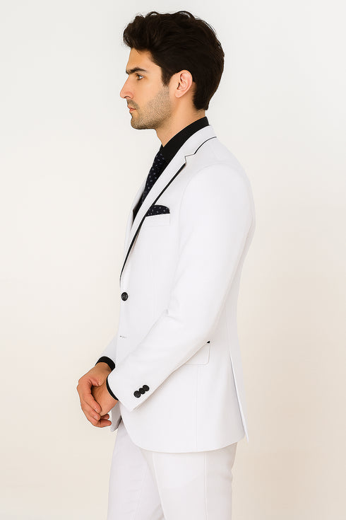 All White Mens Tuxedo -  Wedding Suit - Mens Two Button Slim Fit Vested Prom Tuxedo Suit With Trim In White