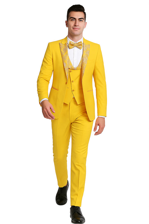 Radiant Golden Bloom Mens 3-Piece Suits with Floral Peak Lapel