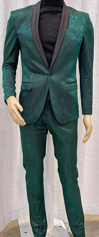 Mens Emerald Green Shiny Stripe Tuxedo Suit – Slim Fit 2-Piece Satin Lapel Dinner Jacket and Pants Ultra slim fit