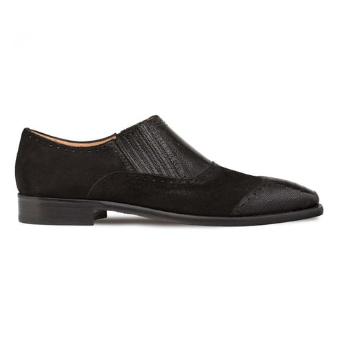 Black Ostrich and English Suede Gored Slip On Dress Shoes for men By Mezlan Made In Spain Brand