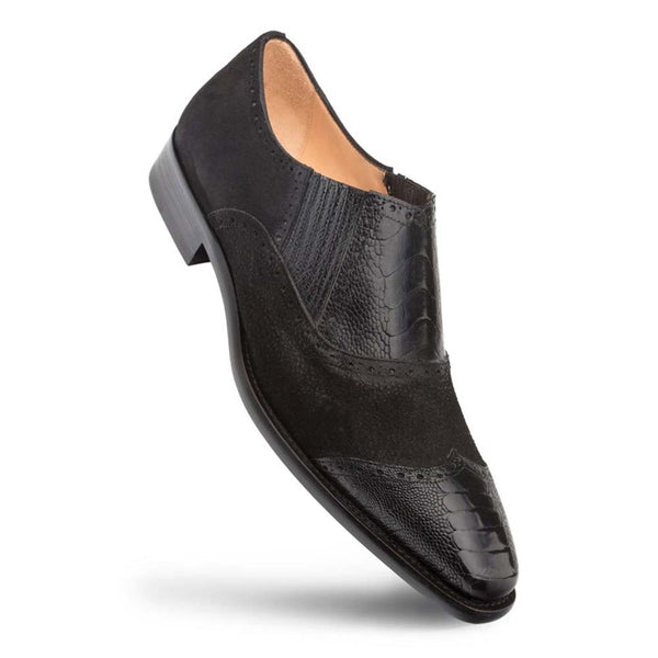 Black Ostrich and English Suede Gored Slip On Dress Shoes for men By Mezlan Made In Spain Brand