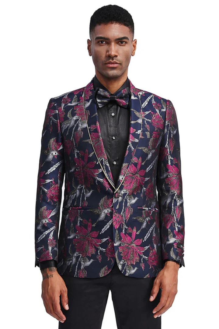 Mens Black Sport Coat -Men's Slim Fit Shawl Lapel Dinner Jacket In Navy & Fucshia Pink Floral Design