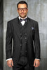 Men's Designer Vested One Button Peak Lapel Wide Leg Pant Wool Suit in Charcoal Grey
