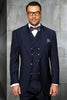 Men's Designer Vested One Button Peak Lapel Wide Leg Pant Wool Suit in Navy Blue
