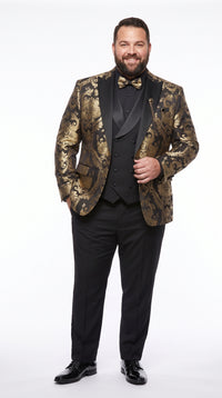 Men’s Black and Gold Floral Jacquard 3 Piece Suit, Modern Fit Tuxedo with Matching Bow Tie for Weddings and Prom