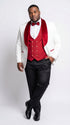 Marco Lorenzo Premium White Paisley 4 Piece Suit with Red Velvet Shawl Lapel and Matching Bow Tie