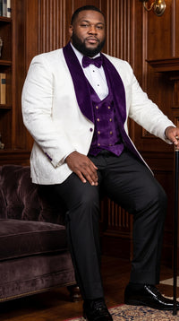 Marco Lorenzo Premium White Paisley 4 Piece Suit with Purple Velvet Shawl Lapel and Matching Bow Tie