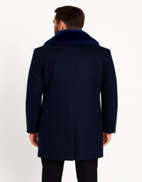 Mens Navy Wool Overcoat with Royal Blue Faux Fur Shawl Collar Cashmere Carcoat