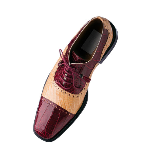 Mens Ferrini Alligator Cap Toe Dress Shoe in Burgundy & Tan