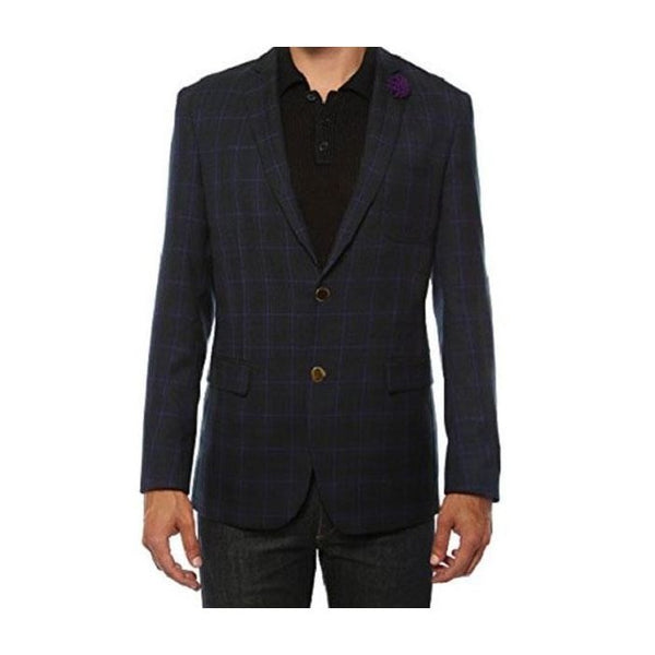 MENS TWO BUTTON PLAID SLIM FIT BLACK BLAZER DINNER JACKET