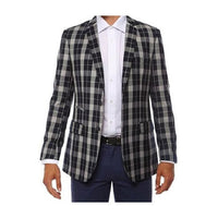 Ferrecci Mens two Button Plaid Slim Fit Navy Blazer Dinner Jacket