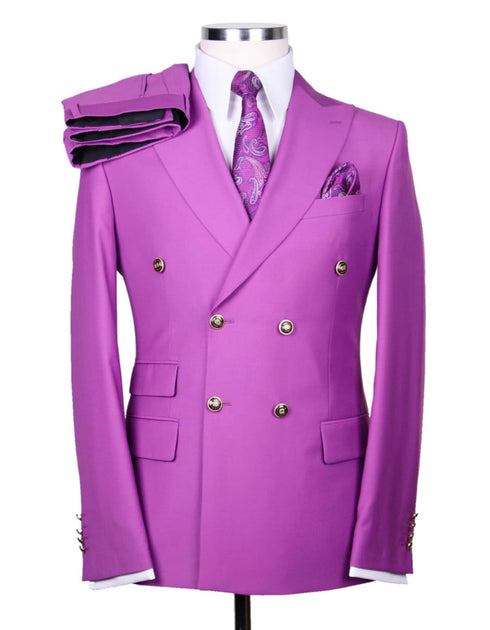 Designer Mens Double Breasted Gold Button Suit in Magenta