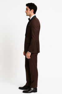 Mens Chocolate Brown Tuxedo with Black Satin Peak Lapel – Formal Wedding and Prom Suit