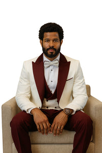 Hilton White and Burgundy Paisley Peak Lapel Tuxedo Jacket with Matching Shawl Vest and Wool Pants – Includes Bow Tie