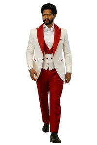 Hilton White and Red Paisley Peak Lapel Tuxedo Jacket with Matching Shawl Vest and Wool Pants – Includes Bow Tie