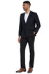 Mens French Front Peak Lapel Strapped Slim Fit Suit in Black
