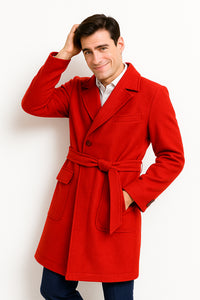 Full Length Overcoat - Wool Belted Topcoat Red peacoat - Long red coat