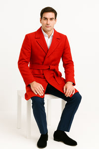 Full Length Overcoat - Wool Belted Topcoat Red peacoat - Long red coat