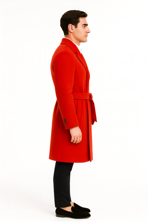 Full Length Overcoat - Wool Belted Topcoat Red peacoat - Long red coat