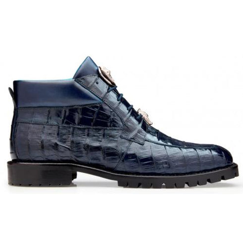 Belvedere  Gallardo Navy Blue Genuine Crocodile Tractor Sole Ankle Boots