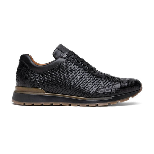 Marco Di Milano Roma Men's Shoes Black Genuine Caiman Crocodile / Woven Leather Fashion Sneakers