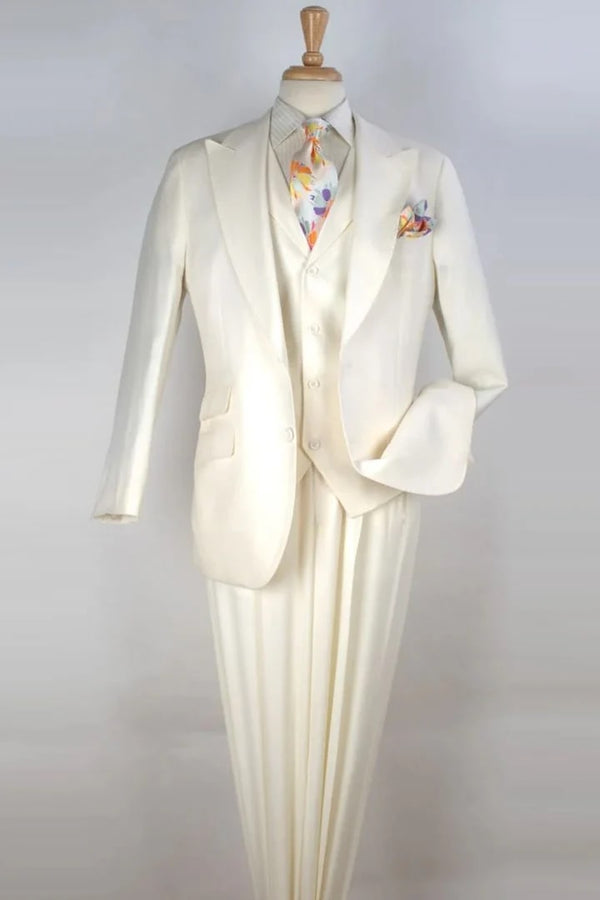 Mens White Wide Peak Lapel Vested Suit In Super 150's Merino Wool