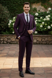 Mens Giovanni Testi Eggplant 3 Piece Suit – Slim Fit 1 Button Peak Lapel Formal Tuxedo Suit