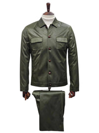Mens Two Piece Slim Fit Faux Leather Casual Suit Olive