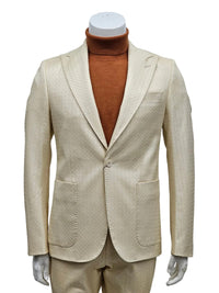 Mens One Button Peak Lapel Basket Weave Pattern Slim Fit Suit Ivory