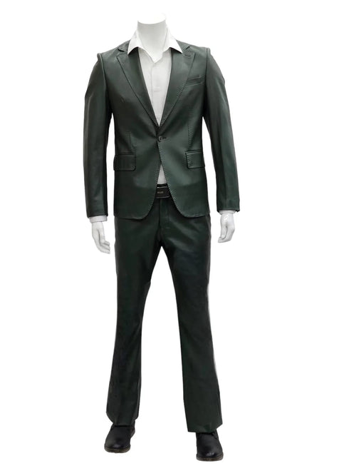 Mens 1 Button Slim Fit Leather Suit Olive