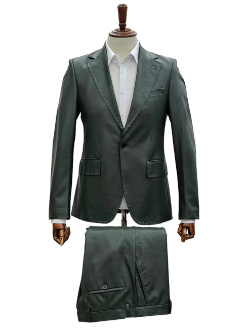 Mens 1 Button Slim Fit Leather Suit Olive