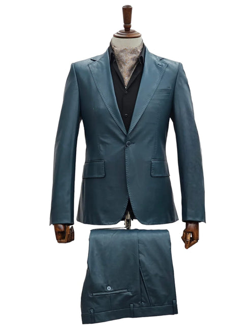 Mens 1 Button Slim Fit Leather Suit Blue