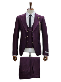 Mens Giovanni Testi Eggplant 3 Piece Suit – Slim Fit 1 Button Peak Lapel Formal Tuxedo Suit