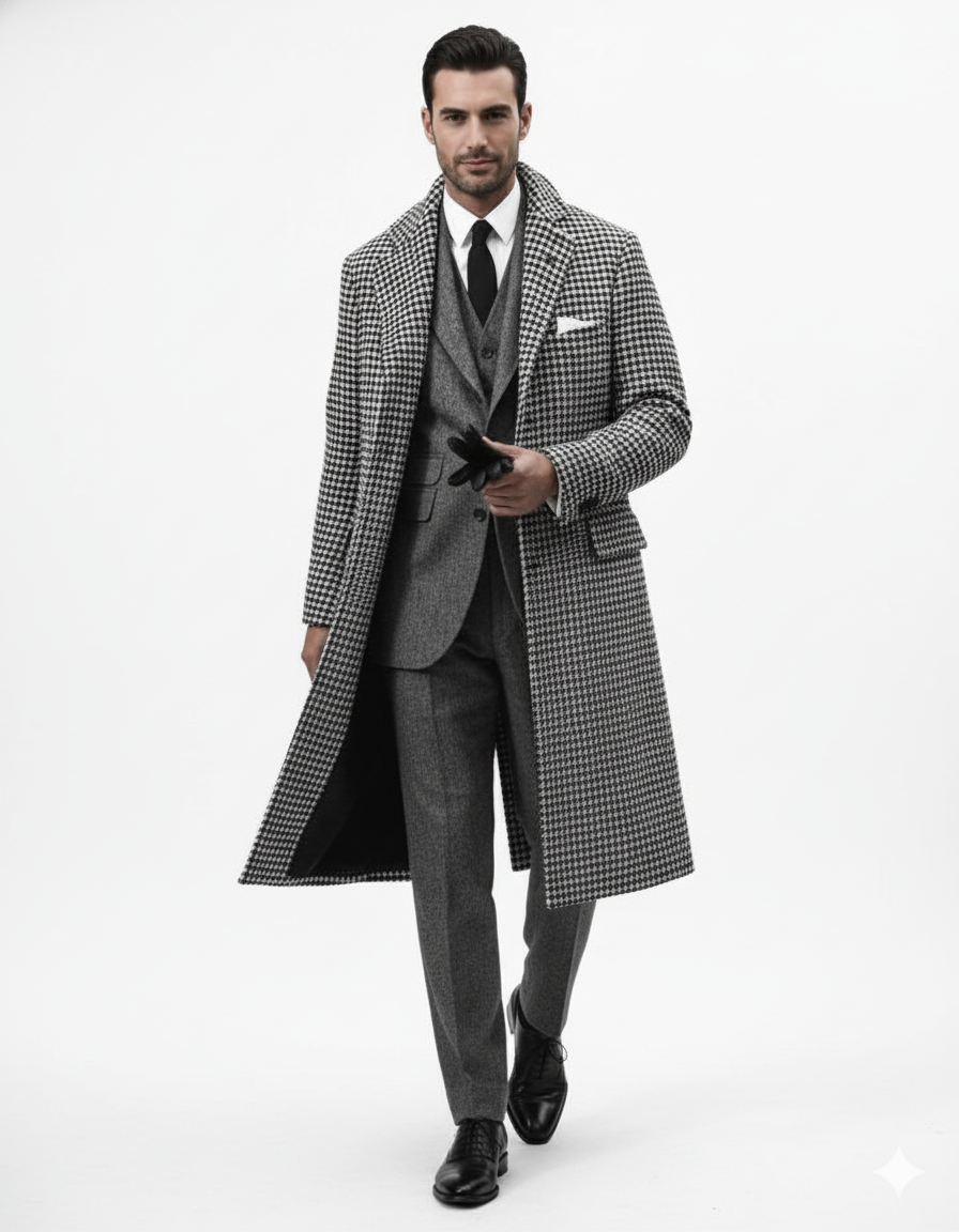Houndstooth Overcoat - Black And White Checker Wool And Cashmere Fabri ...