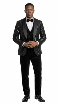 Men's Black Velvet Patterned Shawl Lapel Tuxedo Set for Wedding & Prom