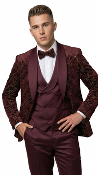 Men's Burgundy Velvet Patterned Shawl Lapel Tuxedo Set for Wedding & Prom