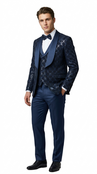 Men's Navy Blue Shiny Patterned Shawl Lapel Tuxedo Set for Wedding & Prom