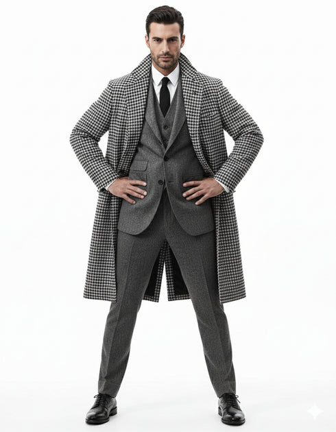 Houndstooth Overcoat - Black And White Checker Wool And Cashmere Fabric Topcoat By Alberto Nardoni