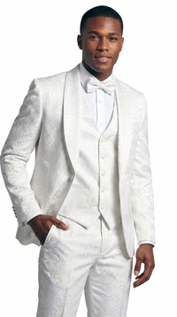 Men's White Floral Shawl Lapel Tuxedo Set with Satin Trim for Wedding & Prom