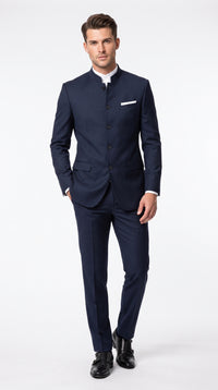 Men’s Navy Blue Mandarin Collar Suit, Dark Blue Banded Collar Formal Wedding Dress Suit