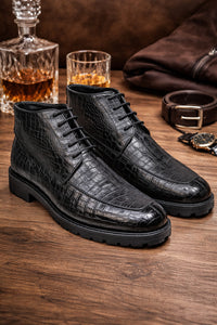 Los Altos Black All-Over Crocodile Belly Lace Up Ankle Boots