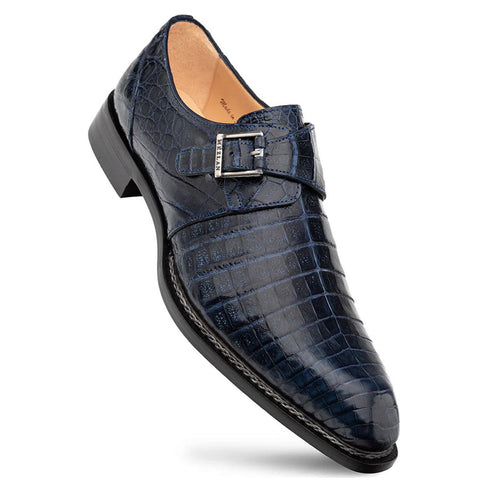 Gigolo Blue Crocodile Single Monk-Strap Loafers By Mezlan Made In Spain Brand