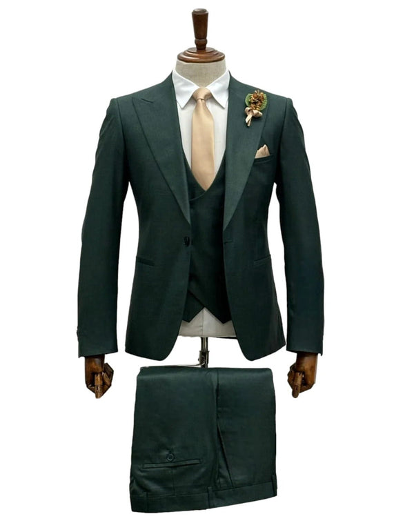 Giovanni Testi Suits With Double Breasted Vest - 3 Pieces Hunter Green Peak Lapel Suit