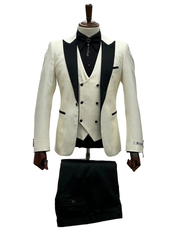 Giovanni Testi Suits With Double Breasted Vest - 3 Pieces Ivory and Black Peak Lapel Suit