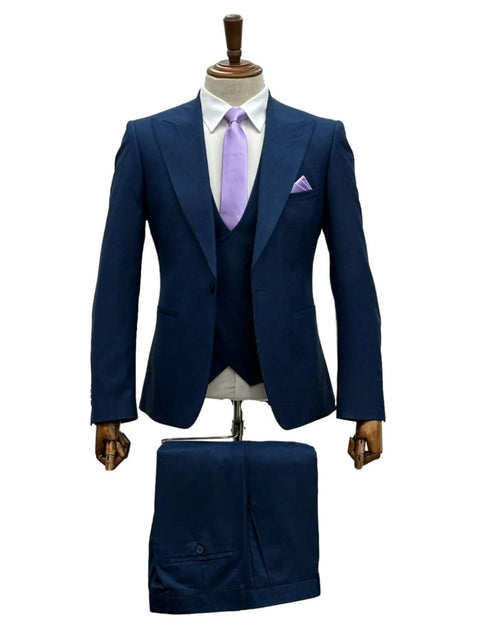 Giovanni Testi Suits With Double Breasted Vest - 3 Pieces Navy Peak Lapel Suit