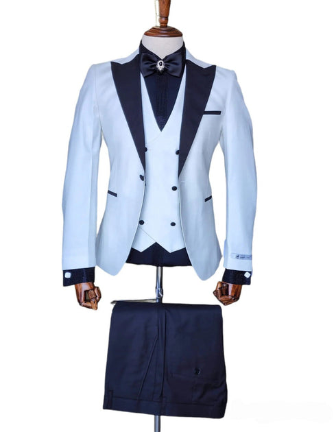 Giovanni Testi Suits With Double Breasted Vest - 3 Pieces White and Black Peak Lapel Suit