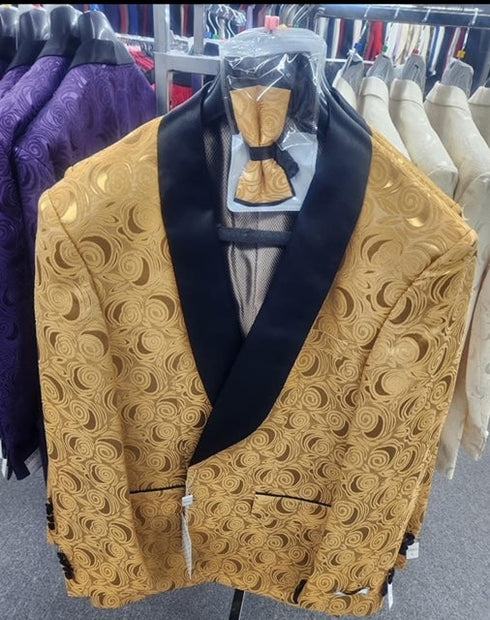 Paisley Tuxedo Dinner Jacket - Gold Mens Blazer + Bowtie - Prom Jackets