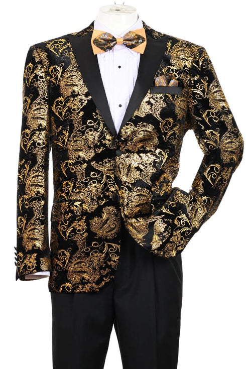 Men's Modern Fit Velvet Floral Paisley Foil Gold and Black Tuxedo Jacket