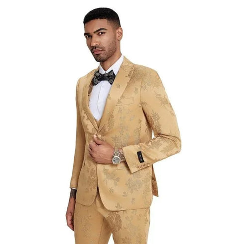 2025 Floral Mens 3PC Suit w/ Double Breasted Vest by Tazzio, Golden