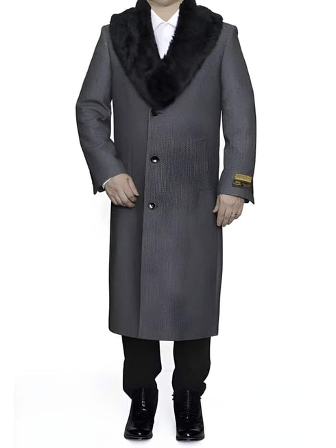 Removable Ankle length Fur Collar Full Length Gray Wool Herringbone ~ Overcoat 1920s 1940s men's Fashion Vintage Style - Mens Topcoat